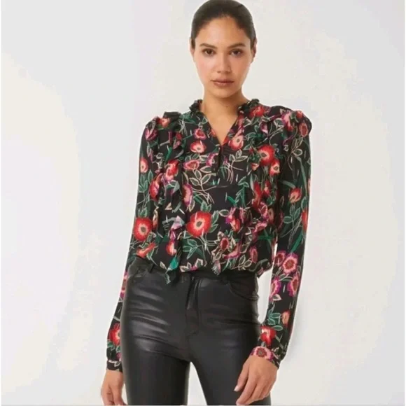 Anthro Misa Los Angeles Hibiscus Floral Ruffle Blouse with Metallic Threading - Picture 2 of 16